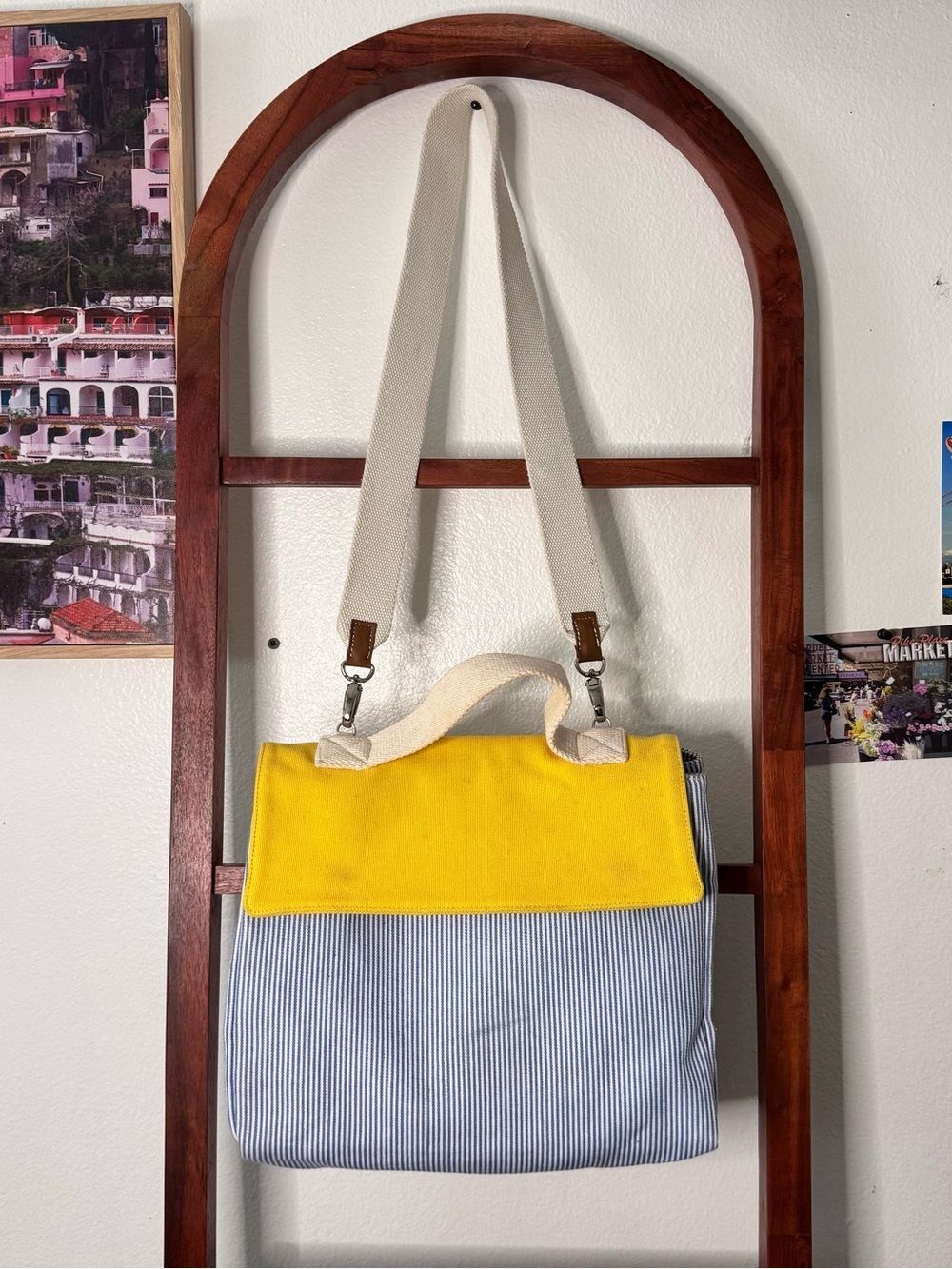 Rue De Verneuil Striped Beach Yellow Blue Canvas Tote Bag Shoulder